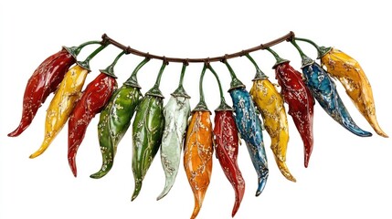 Poster - Colorful assortment of organic hot chili peppers with vibrant hues arranged on a rustic branch against a white background for culinary themes
