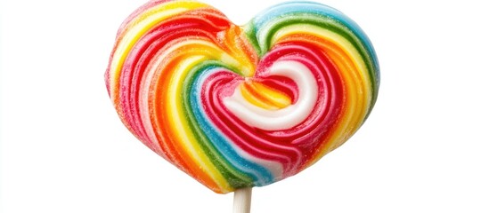 Poster - Vibrant rainbow heart-shaped lollipop closeup on a clean white background showcasing colorful swirls and playful design elements.