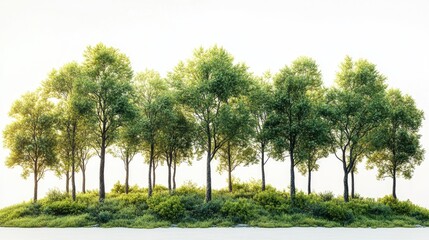 Poster - High-definition treeline with lush green foliage against a neutral white background, nature, landscape, greenery, minimalist design.