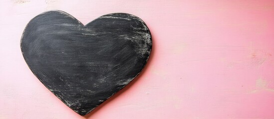Poster - Heart-shaped black chalkboard on a soft pink background perfect for romantic messages and creative design projects.
