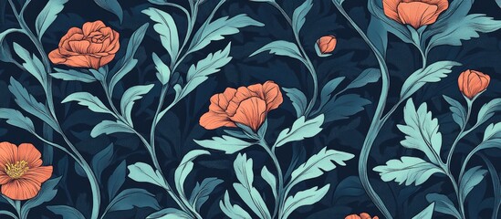 Poster - Vintage floral pattern featuring vibrant carnation flowers with intricate leaves on a dark background ideal for textile and wallpaper design.