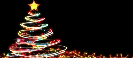 Poster - Festive Christmas tree with a glowing star and colorful lights on a black background creating a joyful holiday atmosphere.