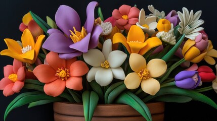 Poster - Colorful polymer clay flower bouquet in a rustic wooden container showcasing artistic craftsmanship and vibrant details against a dark background.