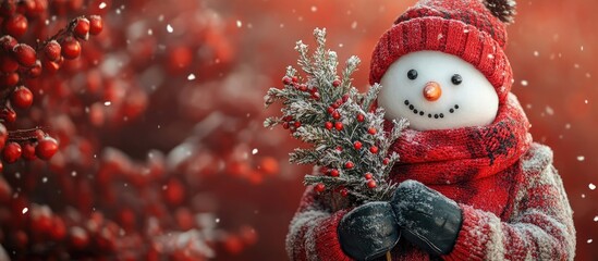 Poster - Snowman with festive tree in red background surrounded by snowflakes creating a joyful winter holiday scene.