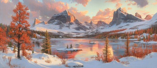 Wall Mural - Majestic winter landscape with mountains and colorful foliage reflecting on a serene lake during sunset in a tranquil natural setting