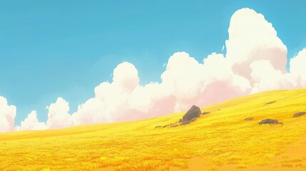 Poster - Vibrant golden sunflower field under a clear blue sky with fluffy white clouds creating a serene and picturesque landscape.