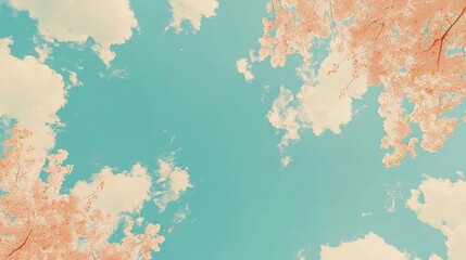 Poster - Serene spring sky framed by delicate cherry blossom branches and fluffy clouds in a vibrant blue backdrop.