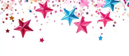 Poster - Colored star confetti against a white background creating a festive frame for celebrations or party themes.