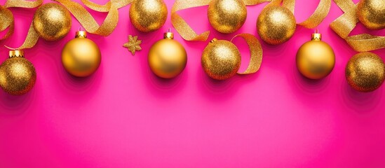 Poster - Golden Christmas ornaments and ribbons on vibrant pink background creating a festive card design with space for personalized text options.