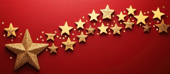 Poster - Golden stars and decorative elements for Christmas on a vibrant red background ideal for festive themes and holiday designs