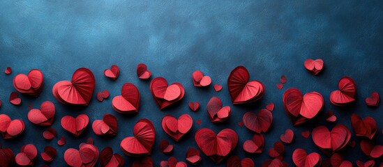 Poster - Artistic flat lay of vibrant red paper hearts arranged on a textured blue background creating a romantic and whimsical atmosphere