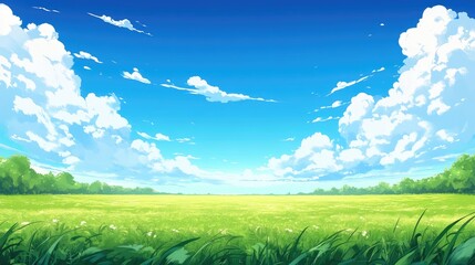 Poster - Serene landscape of lush green paddy fields under a clear blue sky with fluffy white clouds reflecting tranquility and natural beauty.