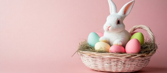Aufkleber - Easter basket with colorful eggs and a bunny figurine on a soft pink backdrop Minimalist decor with space for text and branding
