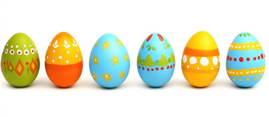 Poster - Colorful handmade Easter eggs with intricate designs displayed on a white background showcasing holiday craftsmanship and creativity
