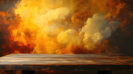 Poster - Wooden table in front of vibrant golden clouds creating an inviting and warm atmosphere for product display or artistic presentations