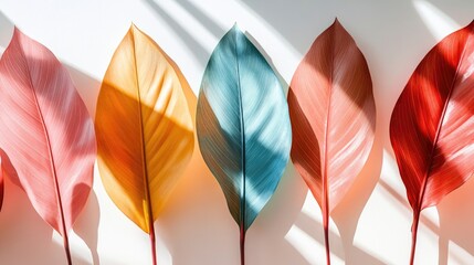 Poster - Vibrant arrangement of colorful tropical leaves casting shadows on a white surface with sun rays creating a minimal summer aesthetic