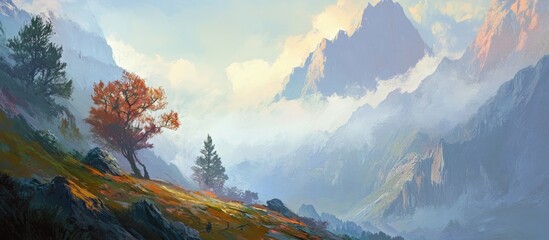 Poster - Misty mountain landscape with vibrant autumn trees and soft light creating a serene and tranquil atmosphere for nature lovers
