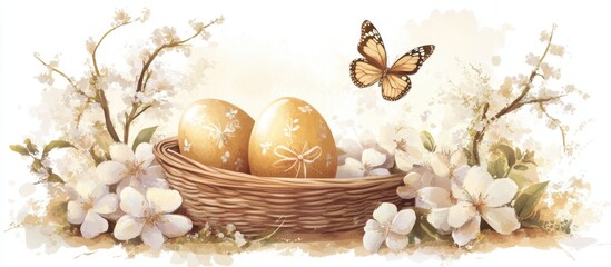 Aufkleber - Easter basket with golden eggs butterfly and spring flowers on a soft white background perfect for seasonal celebrations and decorations