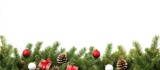 Poster - Christmas decorations with colorful balls gifts and pine cones on a fir tree branch isolated on a white background for holiday themes.