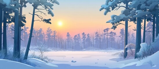 Poster - Serene winter dawn in a snow-covered pine forest with a soft pastel sky reflecting over a frozen lake