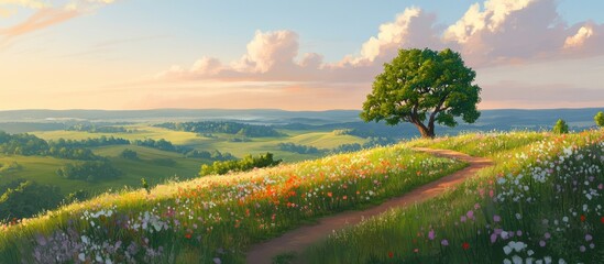 Poster - Scenic evening landscape with a winding pathway through vibrant flowers and rolling hills under a colorful sky.