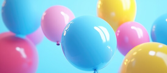 Poster - Colorful uninflated balloons in bright pastel colors symbolizing joy and celebration for upcoming festive occasions against a vibrant blue background