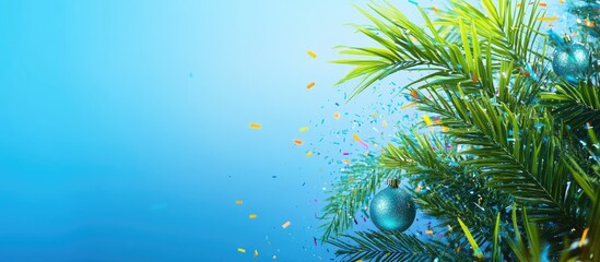 Aufkleber - Festive green Christmas tree branch with illuminated garland lights and glass ornaments on a vibrant blue backdrop with colorful confetti