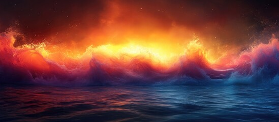 Poster - Vibrant ocean waves illuminated by sunset colors creating a dramatic coastal scene on a tranquil sea surface.