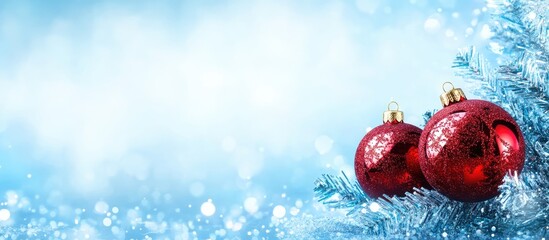 Poster - New Year greeting on glossy red Christmas baubles hanging on a frosty evergreen tree with a dreamy blue background