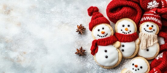 Poster - Delightful snowman-shaped cookies with festive decorations on a grey table space for holiday greetings and seasonal promotions