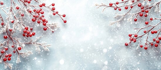 Poster - Snowflakes and rowan branches on blue background festive winter scene with empty space for text or design elements