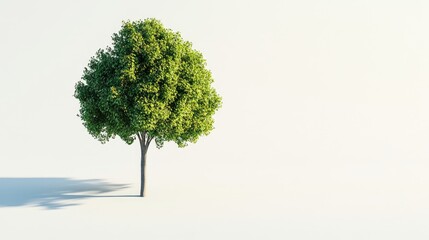 Poster - Isolated green tree casting a shadow on a minimalist white background illustrating nature and tranquility in a serene environment