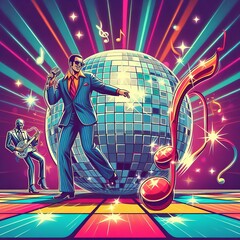 Poster - Disco Fever A retro illustration of a man dancing under a disco