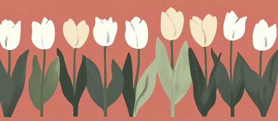 Poster - Colorful tulips in a row with green leaves on a warm pink background ideal for adding your design or text.