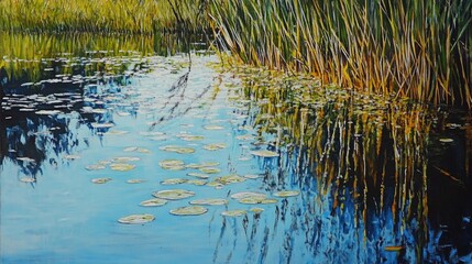 Aufkleber - Serene Reflection on Still Waters with Reeds and Lily Pads in Natural Landscape