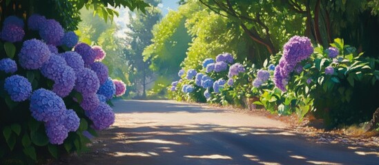Poster - Vibrant hydrangea flowers in full bloom lining a serene roadside surrounded by lush greenery and soft sunlight.