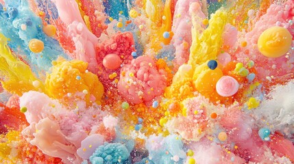 Aufkleber - Colorful abstract explosion of vibrant pastel splashes and spheres creating a dynamic and visually striking background for creative projects