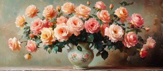 Poster - Vibrant bouquet of pink and yellow roses in an elegant vase against a soft background showcasing floral beauty and artistic charm.
