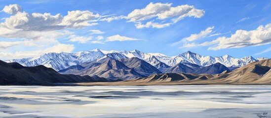 Poster - Majestic mountain landscape under a clear blue sky showcasing rugged terrain and serene snow-capped peaks near a desert region