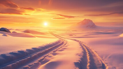 Poster - Serene offroad tracks in a snowy desert landscape under the warm glow of a sunrise with gentle clouds in the background