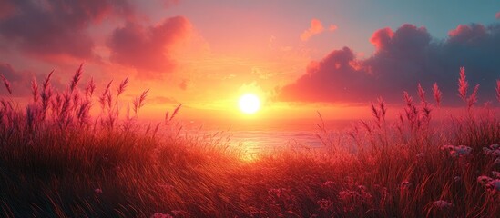 Poster - Serene sunset over tranquil ocean with vibrant colors and lush grass creating a peaceful summer atmosphere in nature.