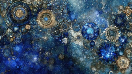 Poster - Abstract gears and cosmic patterns in blue tones against a textured metallic background creating a sense of depth and motion.