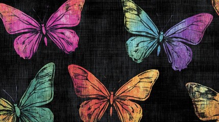 Poster - Colorful butterfly pattern on textured fabric background creating a vibrant and artistic design for textiles and backgrounds.
