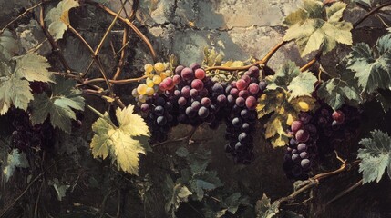 Poster - Vibrant clusters of grapes on vine against a rustic background in a picturesque vineyard setting showcasing nature's bounty.
