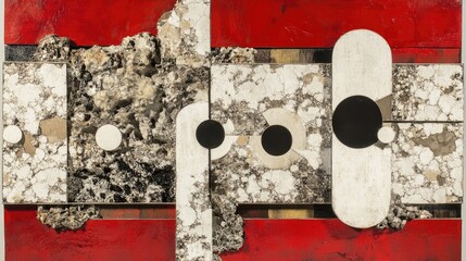 Poster - Abstract art piece with geometric shapes and textured elements in a bold red and neutral color palette highlighting modern design aesthetics.