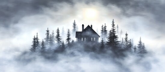 Poster - House silhouette amidst a foggy forest with sun flare creating a mystical and serene atmosphere in the early morning light