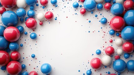 Poster - Red and blue spherical bubbles frame a minimalist white background for creative design and text presentation
