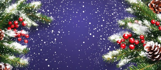 Poster - Decorative green branches with red berries and snowflakes on a rich purple background evoking a festive winter atmosphere