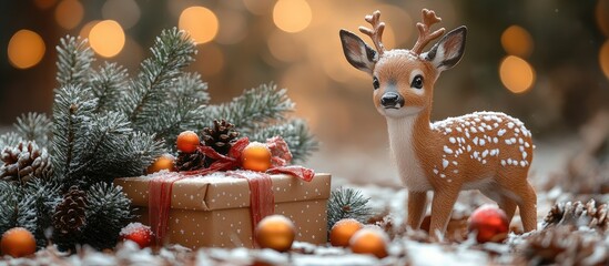 Aufkleber - Festive Christmas scene with a deer toy, gift box, pine branches, and decorative ornaments against a blurred warm background
