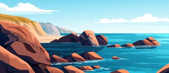 Poster - Serene coastal landscape with rocky seashore and clear blue waters under a sunny sky ideal for nature and travel themes.